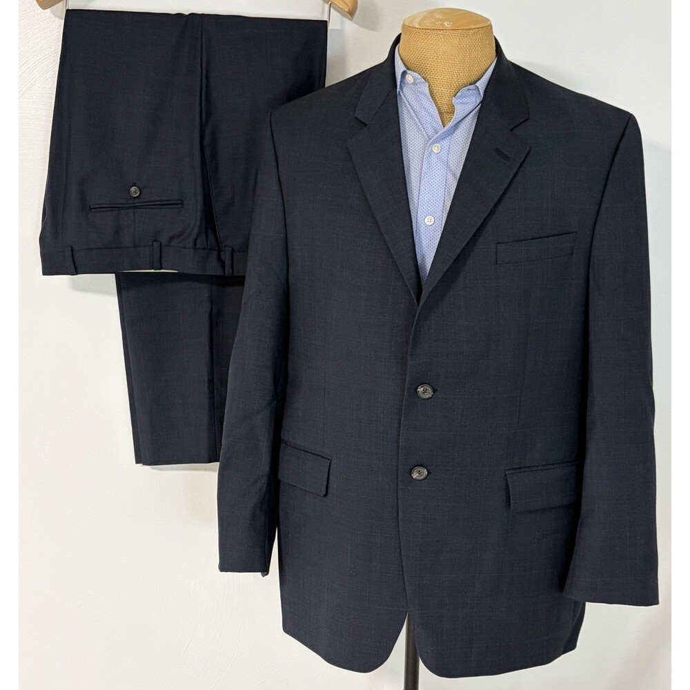 Lauren RALPH LAUREN Navy Blue Glen Plaid 2 Pc. Suit 44R 38x31 Pants 100% Wool